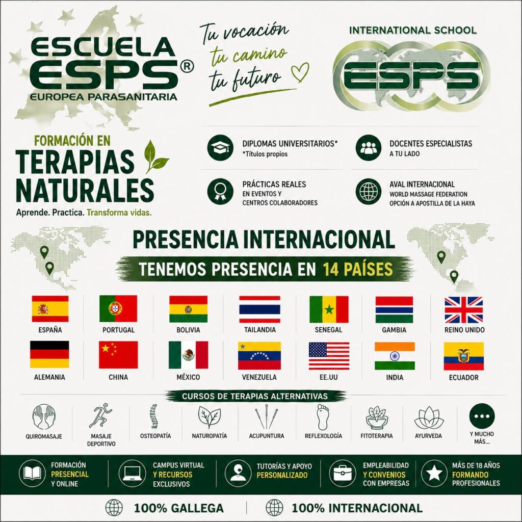 Escuela Europea Parasanitaria ESPS® en 14 países 1 ESPS® cuenta con presencia en España, Portugal, Bolivia, Tailandia, Senegal, Gambia, Reino Unido, Alemania, China, México, Venezuela, Estados Unidos, India y Ecuador.