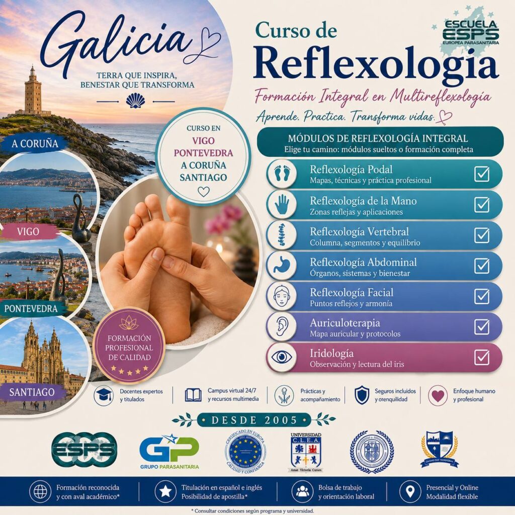 Curso de Reflexología en Vigo, Coruña, Santiago y Pontevedra. Aval de 4 universidades Reflexología Podal, de la Mano, Vertebral, Facial, Auriculo e Iridología