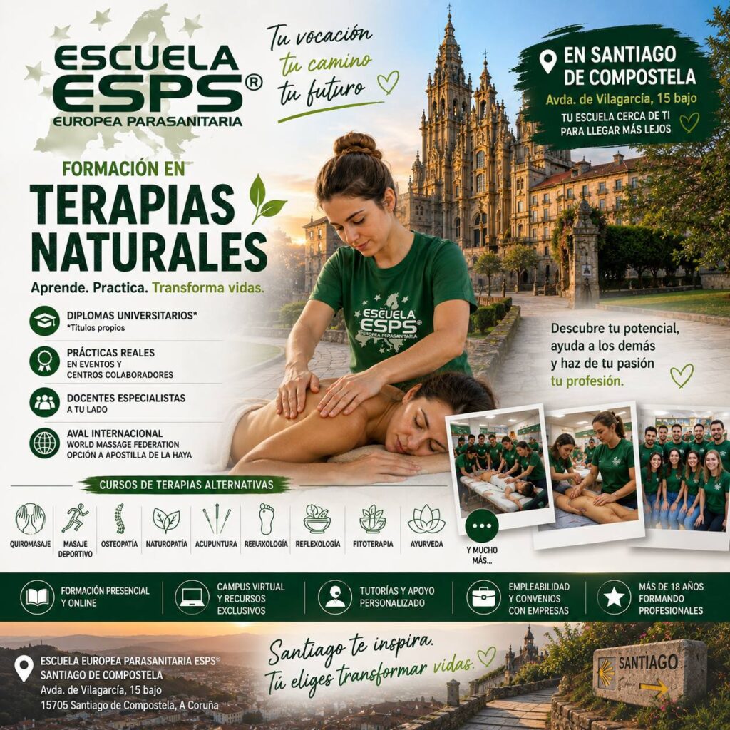 Escuela Parasanitaria en Santiago 1 Escuela Europea Parasanitaria ESPS® en Santiago de Compostela. Cursos de terapias naturales, quiromasaje, masaje deportivo, osteopatía, naturopatía, acupuntura y técnicas manuales.