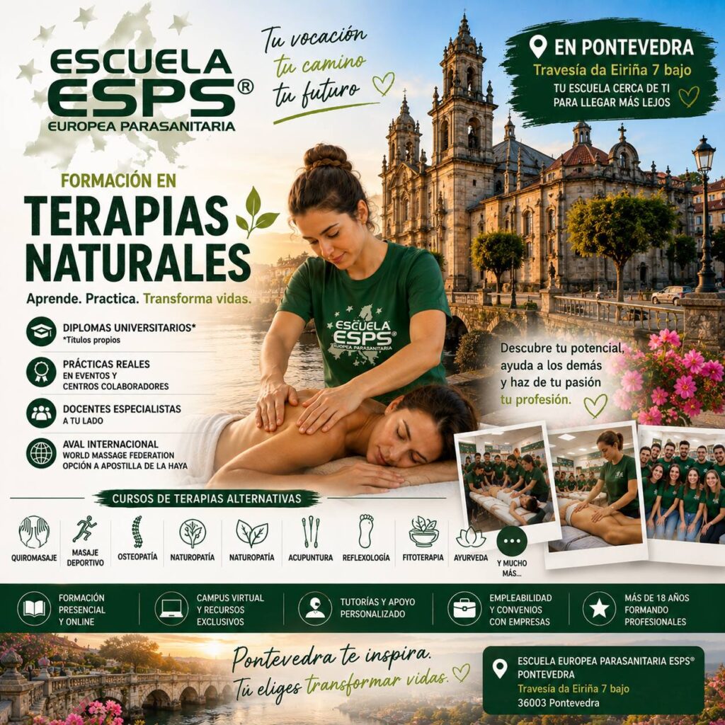 Escuela Parasanitaria en Pontevedra 1 Escuela Europea Parasanitaria ESPS® en Pontevedra. Cursos de terapias naturales, quiromasaje, masaje deportivo, osteopatía, naturopatía, acupuntura y técnicas manuales.