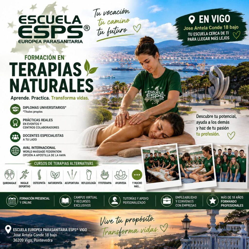 Escuela Parasanitaria en Vigo 1 Escuela Europea Parasanitaria ESPS® en Vigo. Cursos de terapias alternativas, quiromasaje, masaje deportivo, osteopatía, naturopatía, acupuntura y técnicas naturales. Formación presencial en Vigo.